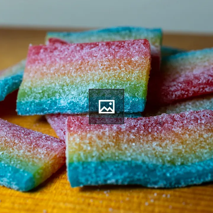 Rainbow candy pile on wood