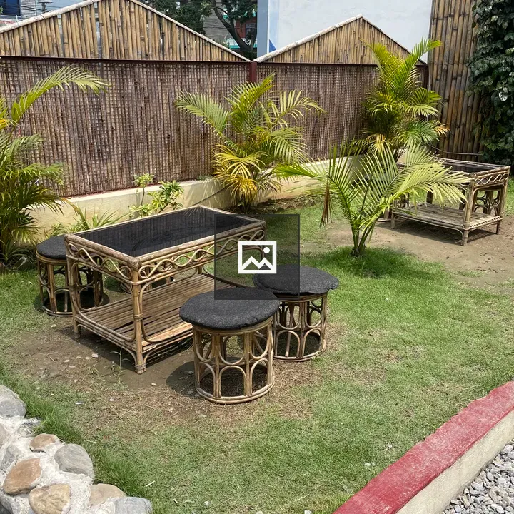 Outdoor seating with glass bamboo table