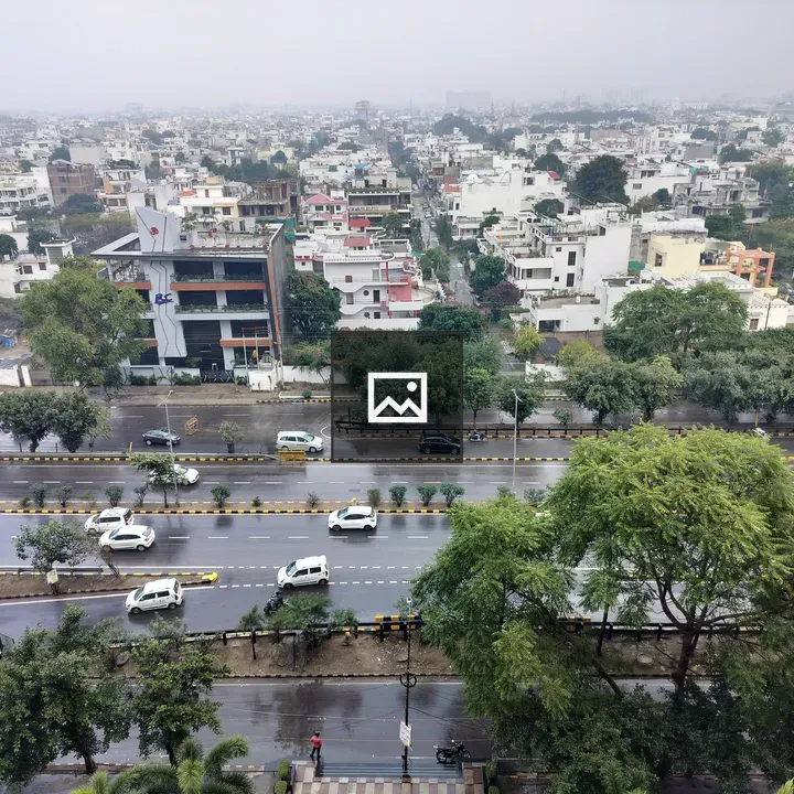 City view from above in rain