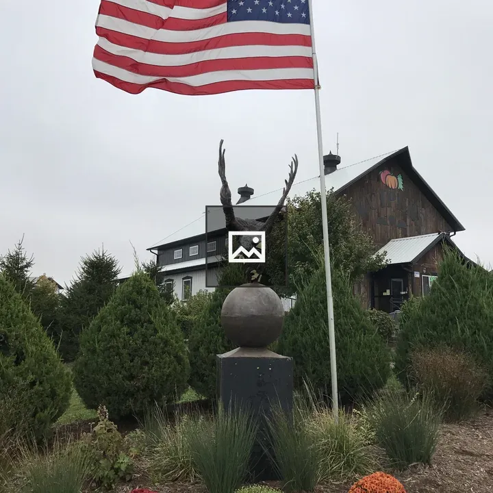 American flag by barn with eagle sculpture