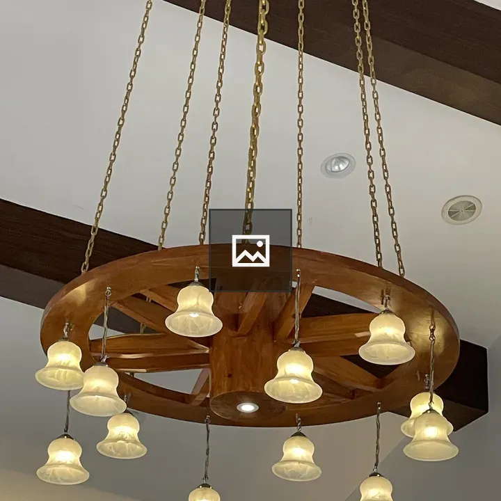 Circular wooden chandelier with glass lights