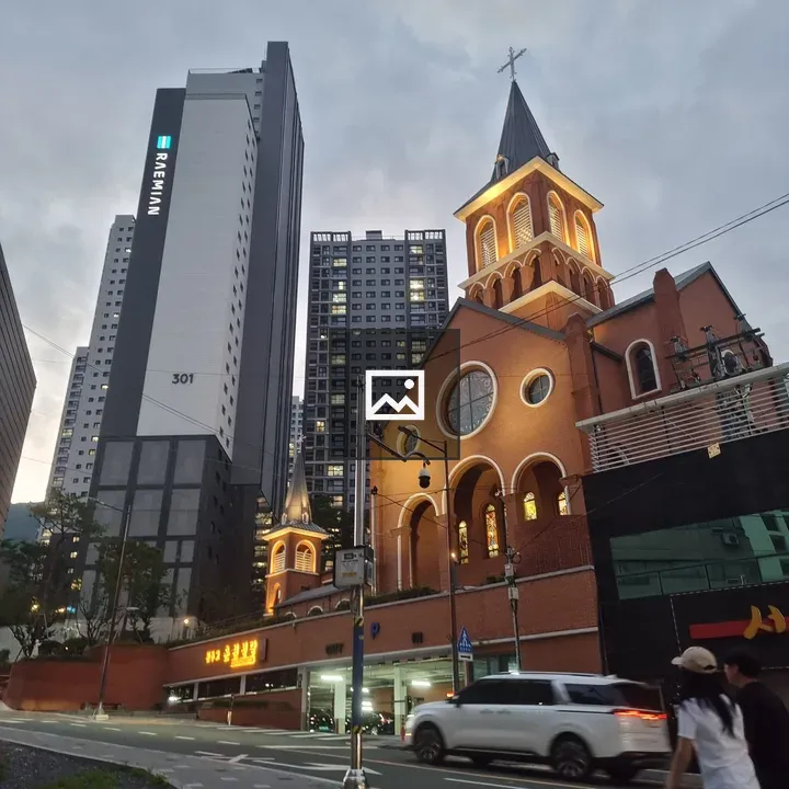 Lit-up Church at Dusk in Busan