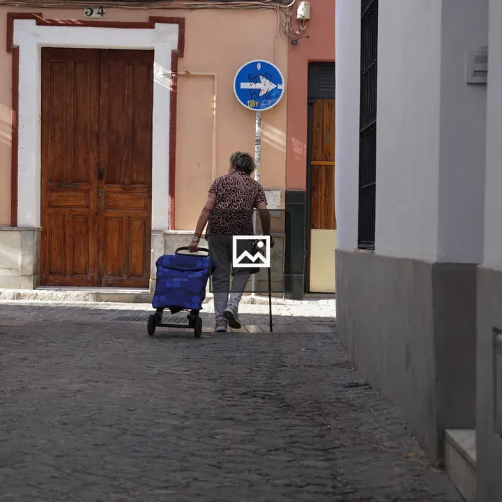 Elderly Person with Blue Cart on Cobblestone Street