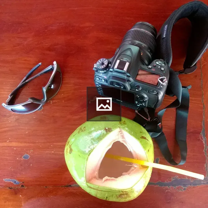 Traveler with coconut and camera