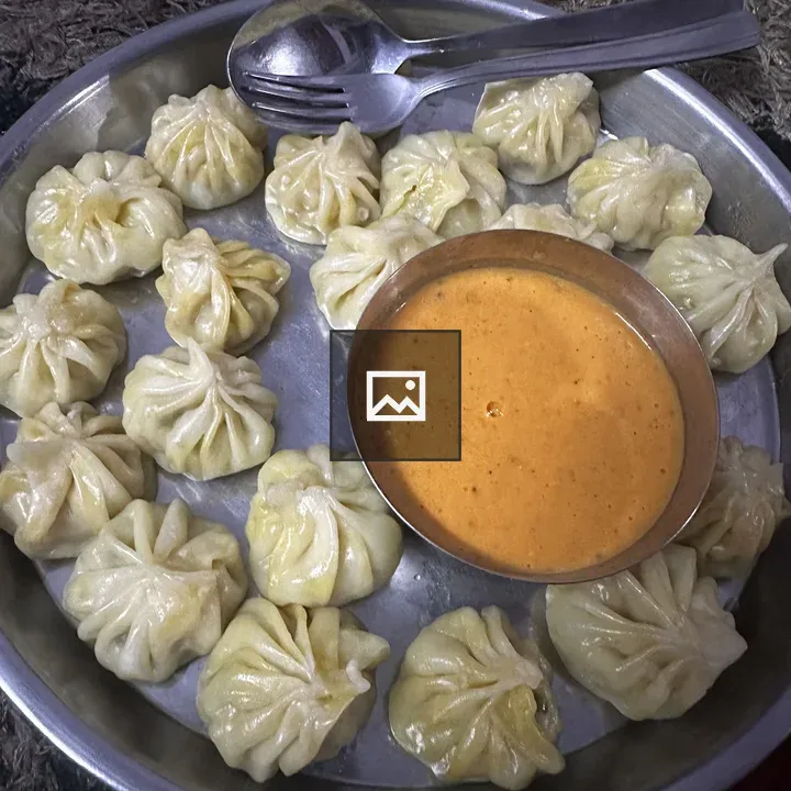 Metal dish with dumplings