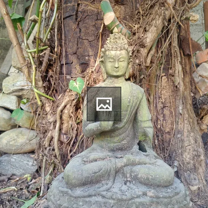 Green Buddha statue among roots