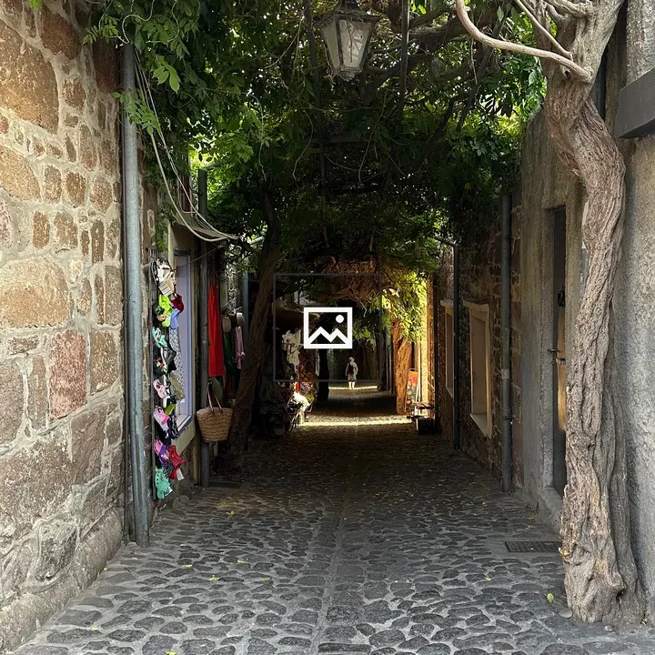 Street in Mythmina with cobblestones