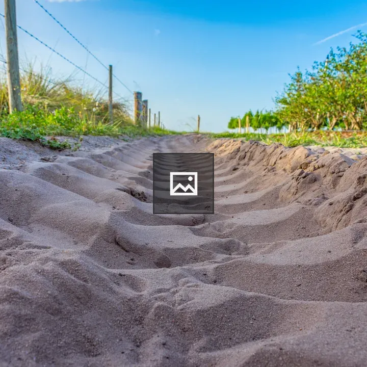 Tractor tracks in sand along fence