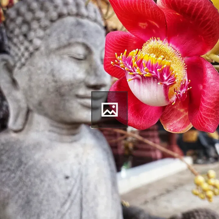 Budha statue with Shivalinga and Ayahuma flower