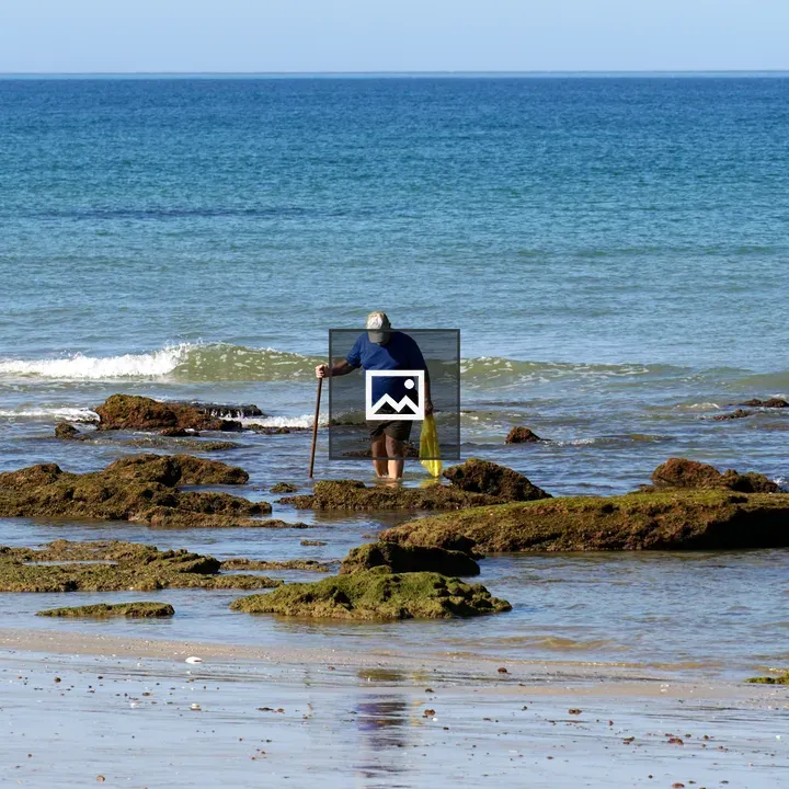 Person on Beach with Walking Stick