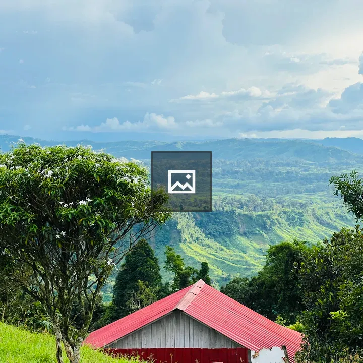 Green mountain range with red-roof foreground