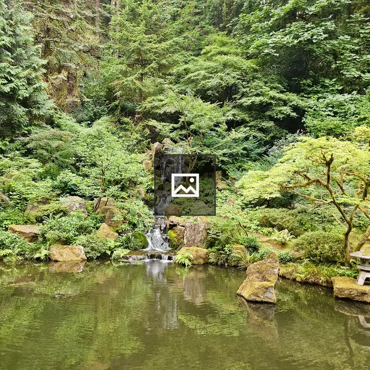 Waterfall over mossy rocks in Japanese Garden
