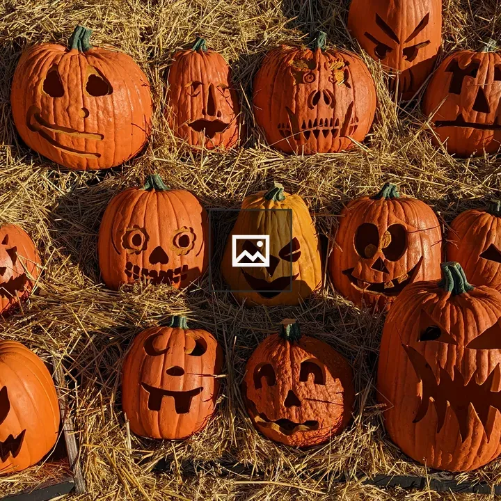 Hay stack with decorated pumpkins