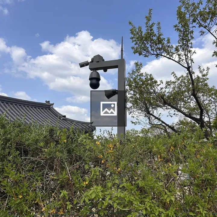 Surveillance camera pole among hedge