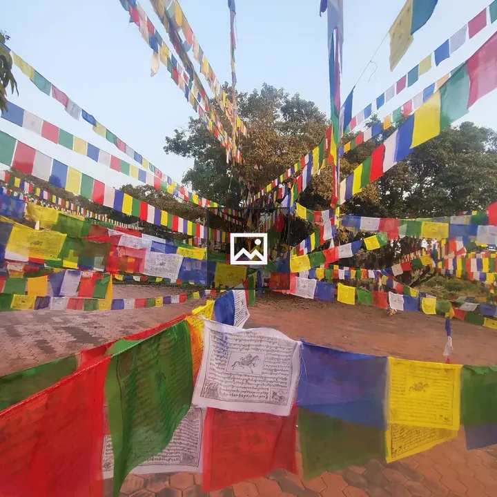 Prayer flags across outdoor scene