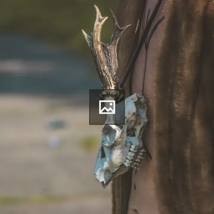 Person in fur cloak with deer skull