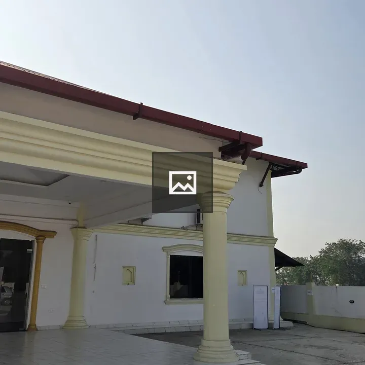Exterior of white building with yellow columns