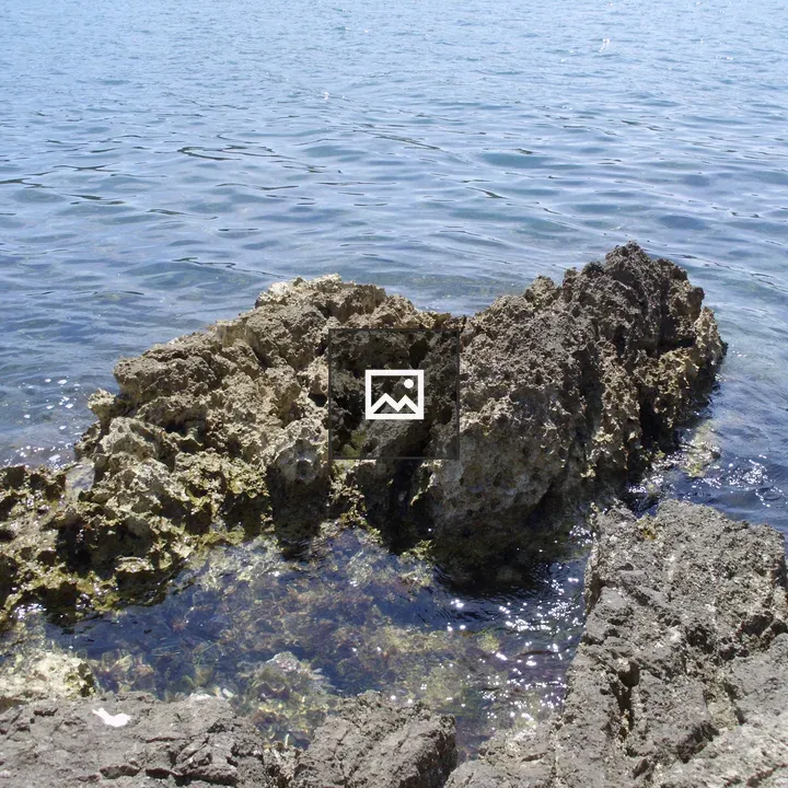 Rocky shoreline with blue water
