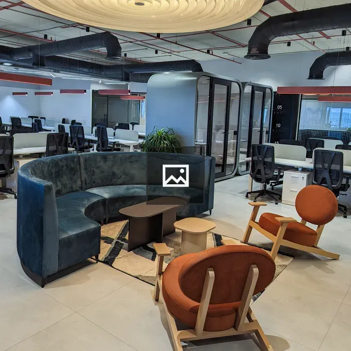 Office interior with spiral ceiling light