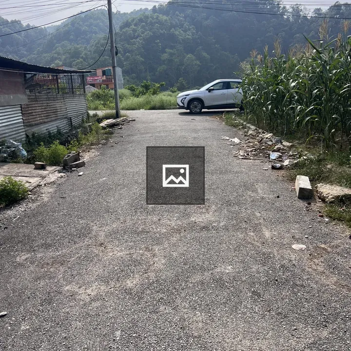 Road by corn fields with structure