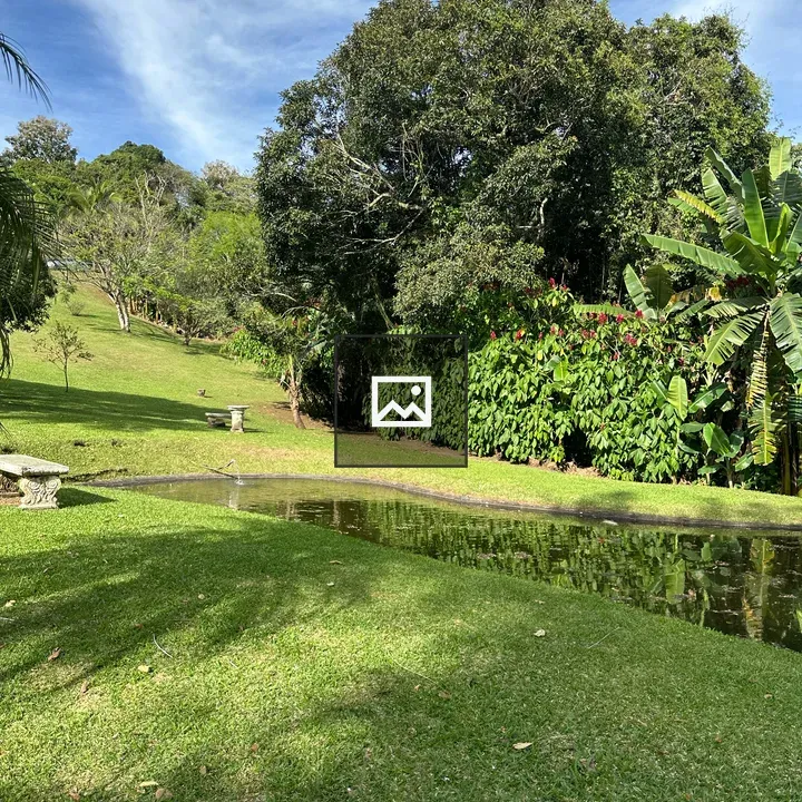 Serene hillside pond with bench