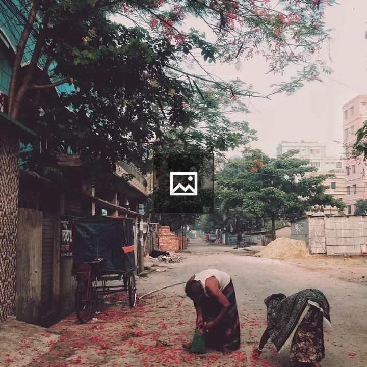 Two People Collecting Flowers on Street