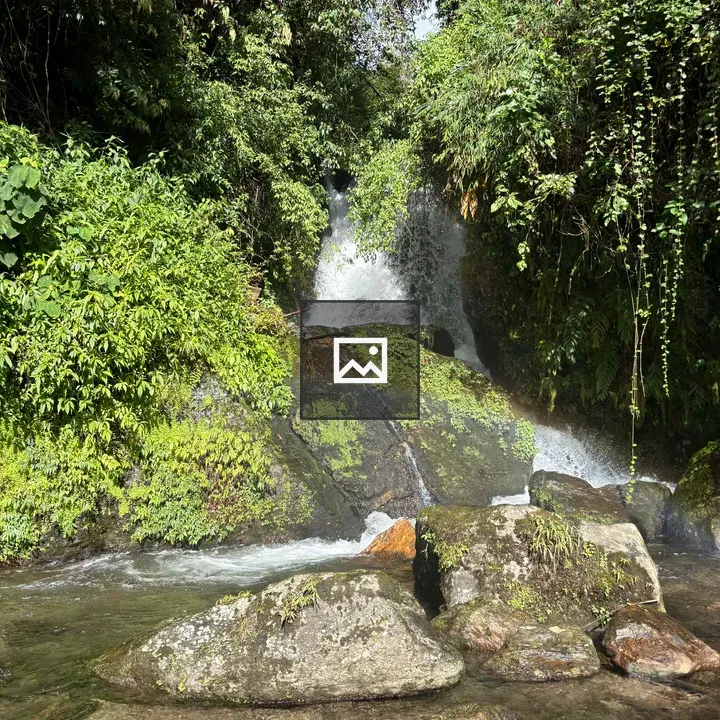 Waterfall over rocks in green landscape