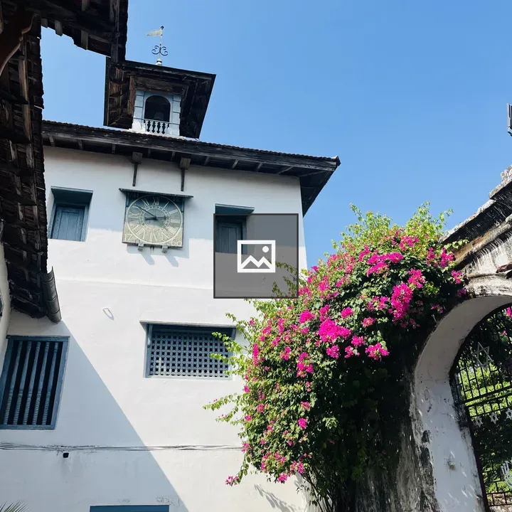Clock tower building with bougainvillea