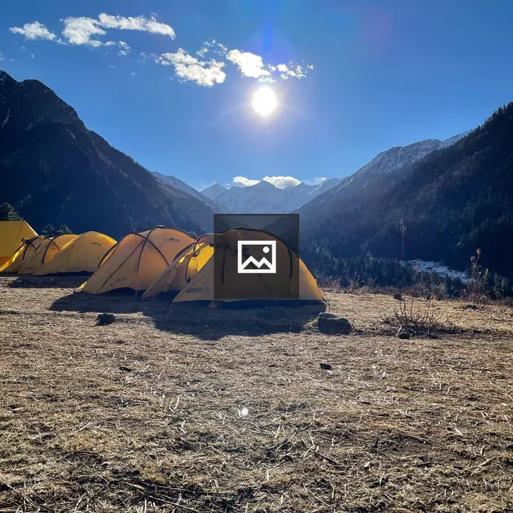 Yellow tents on mountain meadow