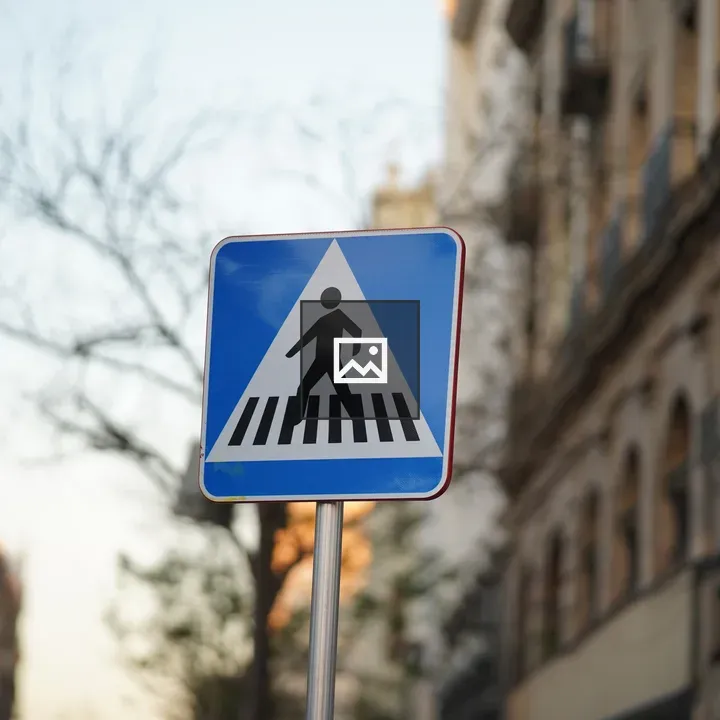 Blue, Black and White Pedestrian Crossing Sign