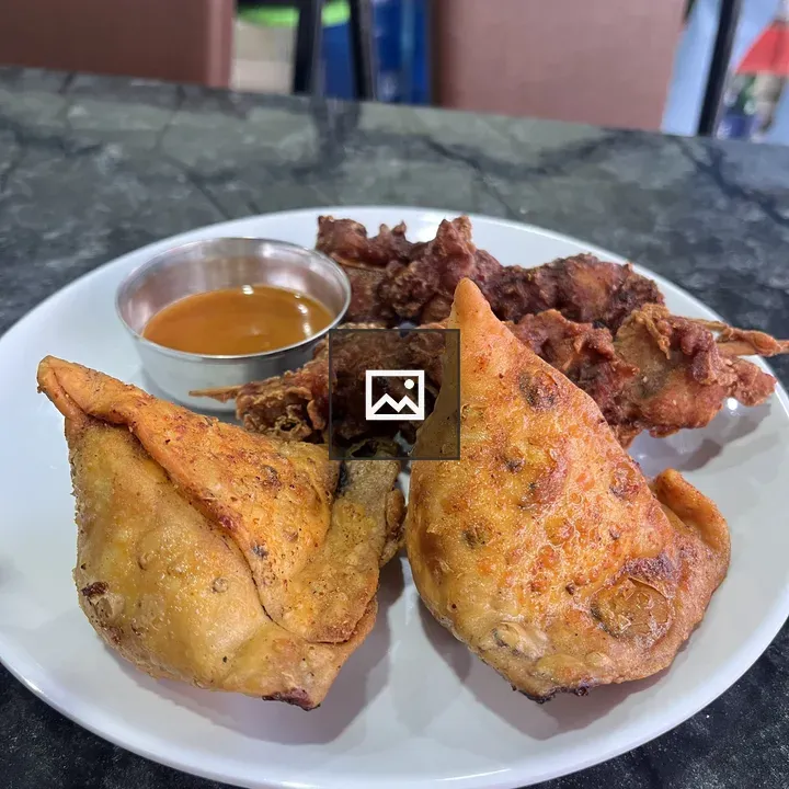 Samosas and fried chicken on plate