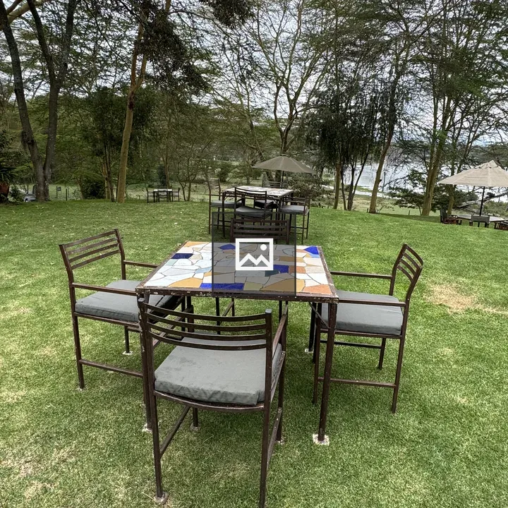 Mosaic-Tiled Table with Chairs on Lawn