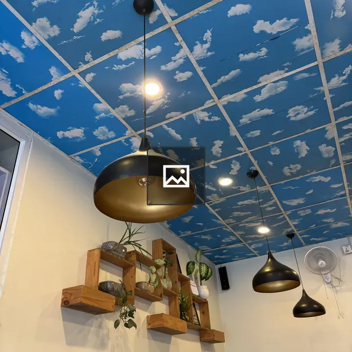 Cozy Café Interior with Blue Ceiling
