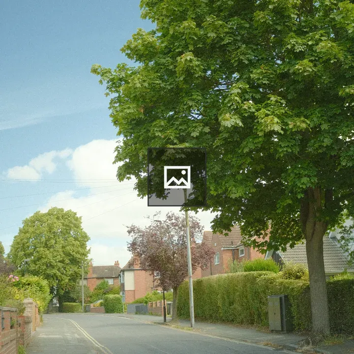 Residential street with trees and brick houses