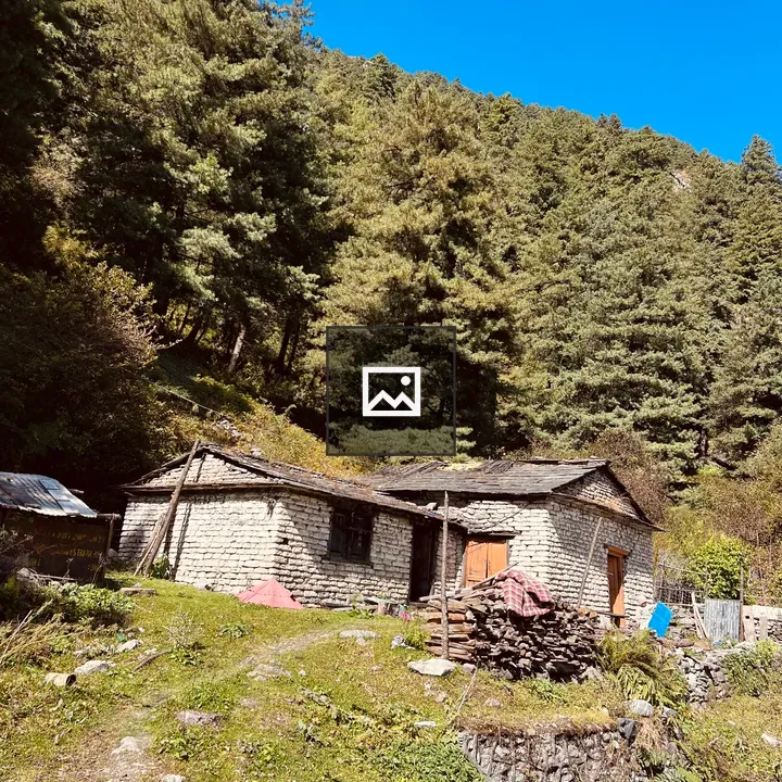 Rustic stone cottage in green landscape