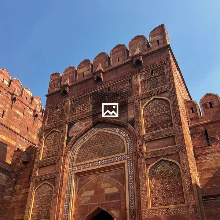 Red sandstone fort arch close-up
