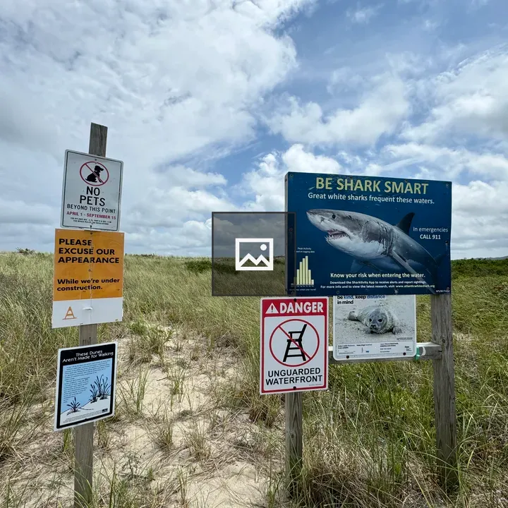 Warning signs at beach entrance