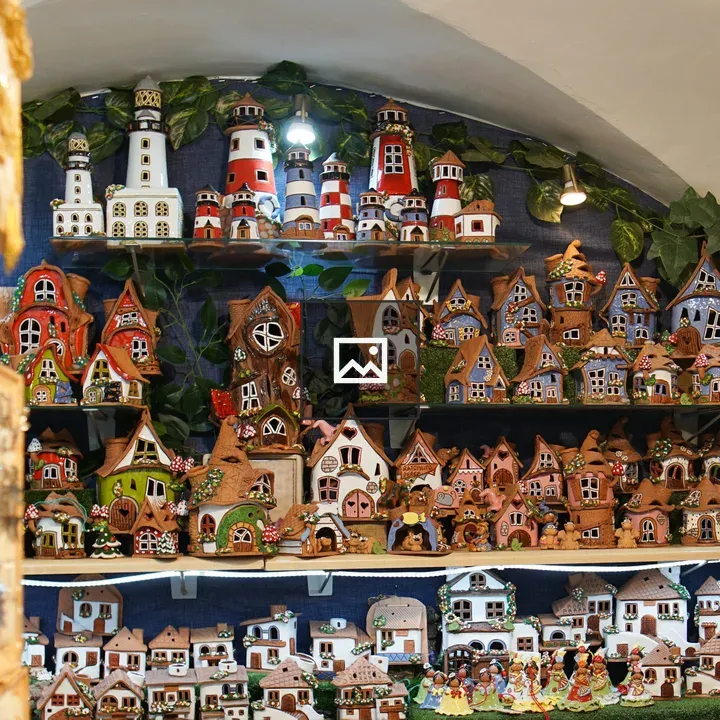 Colorful ceramic houses and lighthouses
