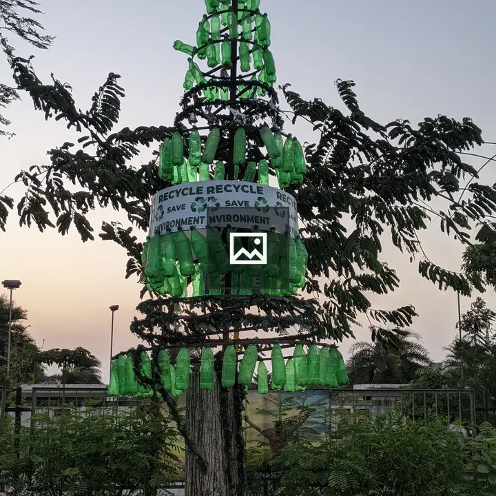 Tree sculpture from recycled bottles