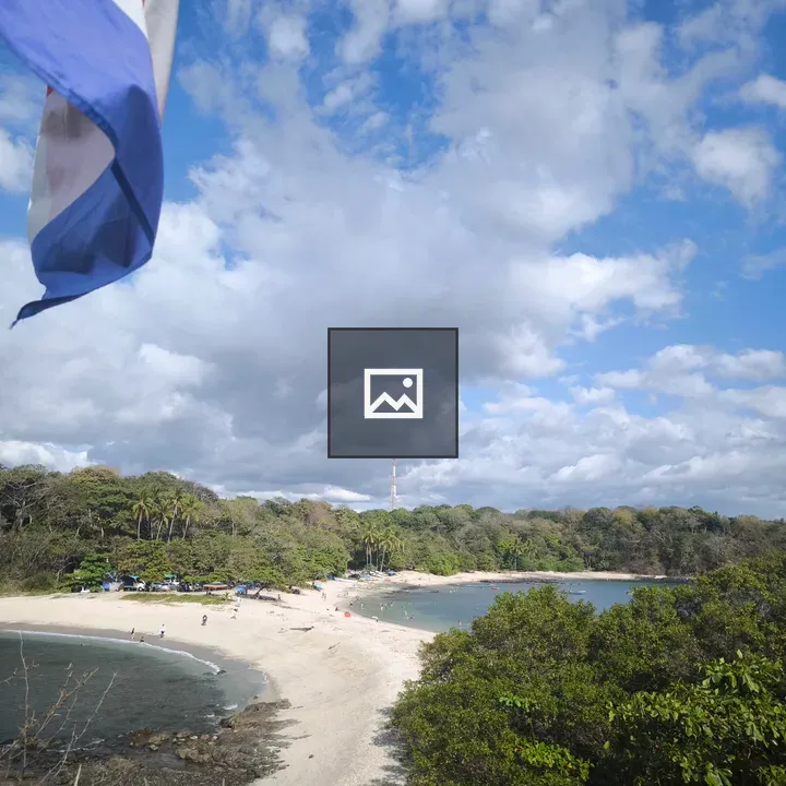 Beach scene with flag and people