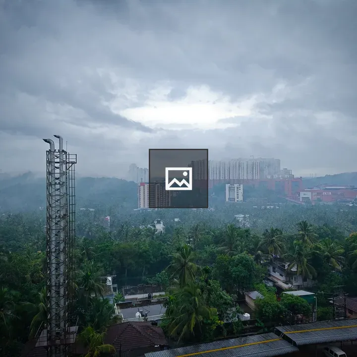 Panoramic misty landscape with chimney