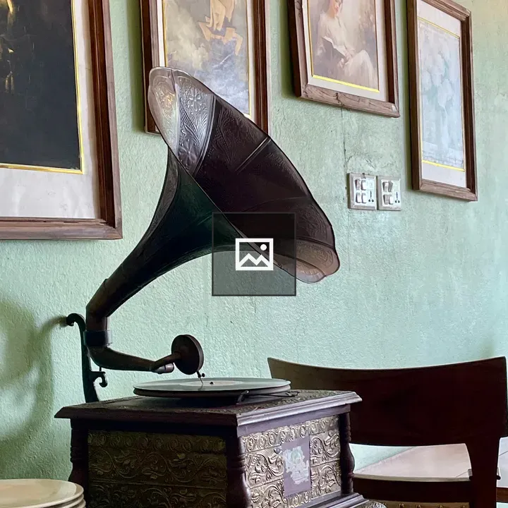 Ornate black gramophone horn