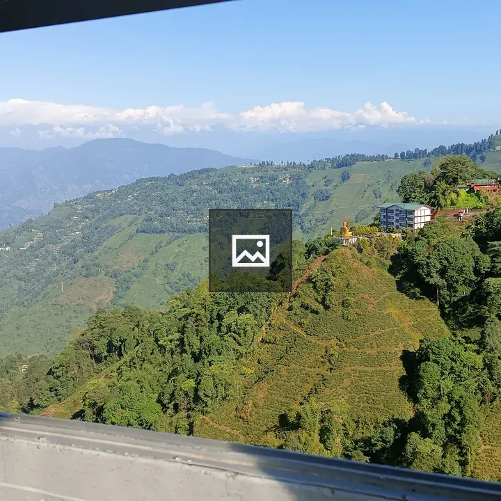 Window view from a plane over green hills