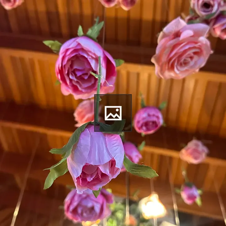 Pink artificial roses hanging indoors