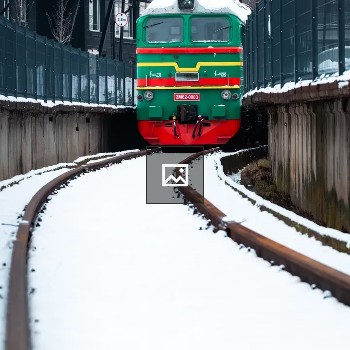 Green and red train in snowy landscape
