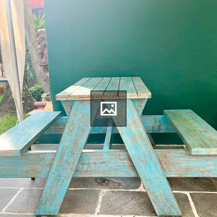 Blue wooden picnic table