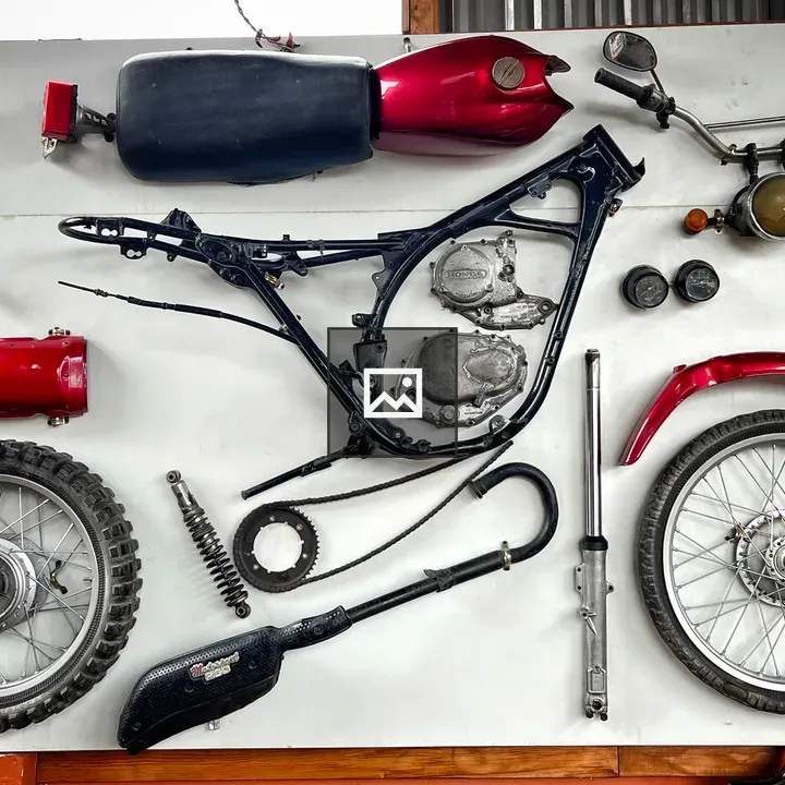 Motorcycle accessories on wooden display