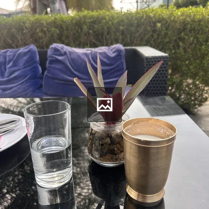 Glass, Plant and Brass Cup on Table