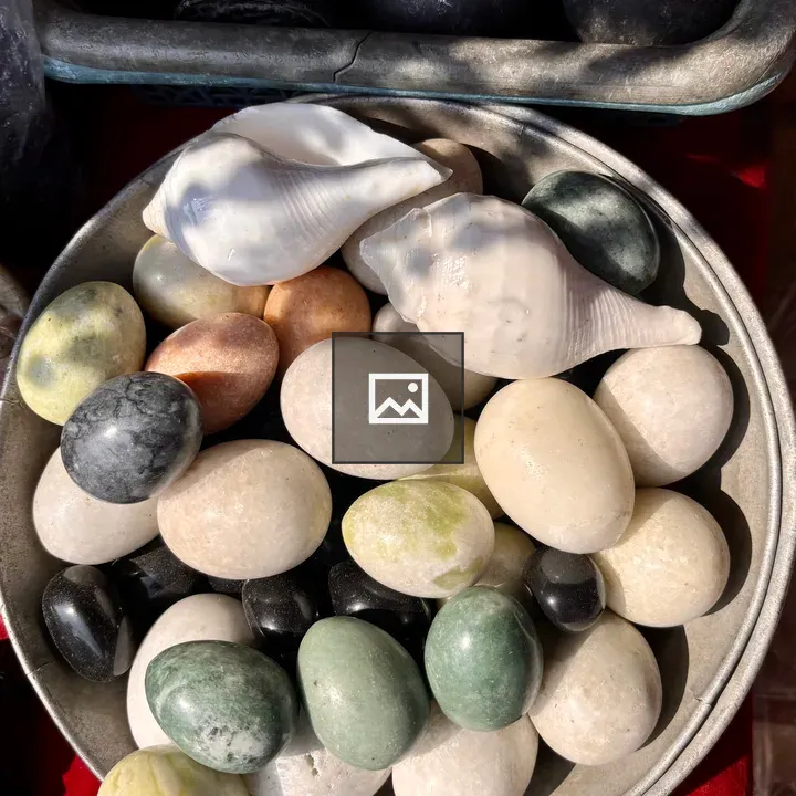 Pastel egg-shaped stones with shells