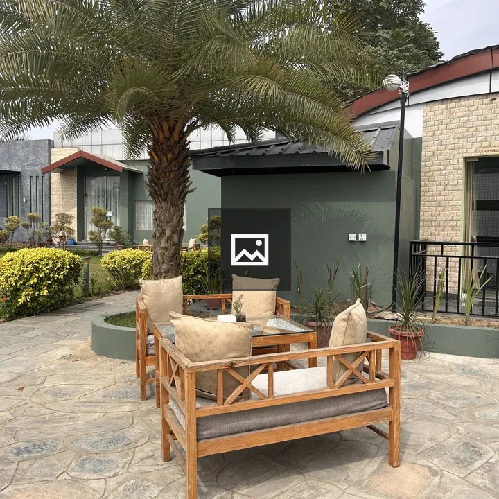 Outdoor seating area with wooden furniture